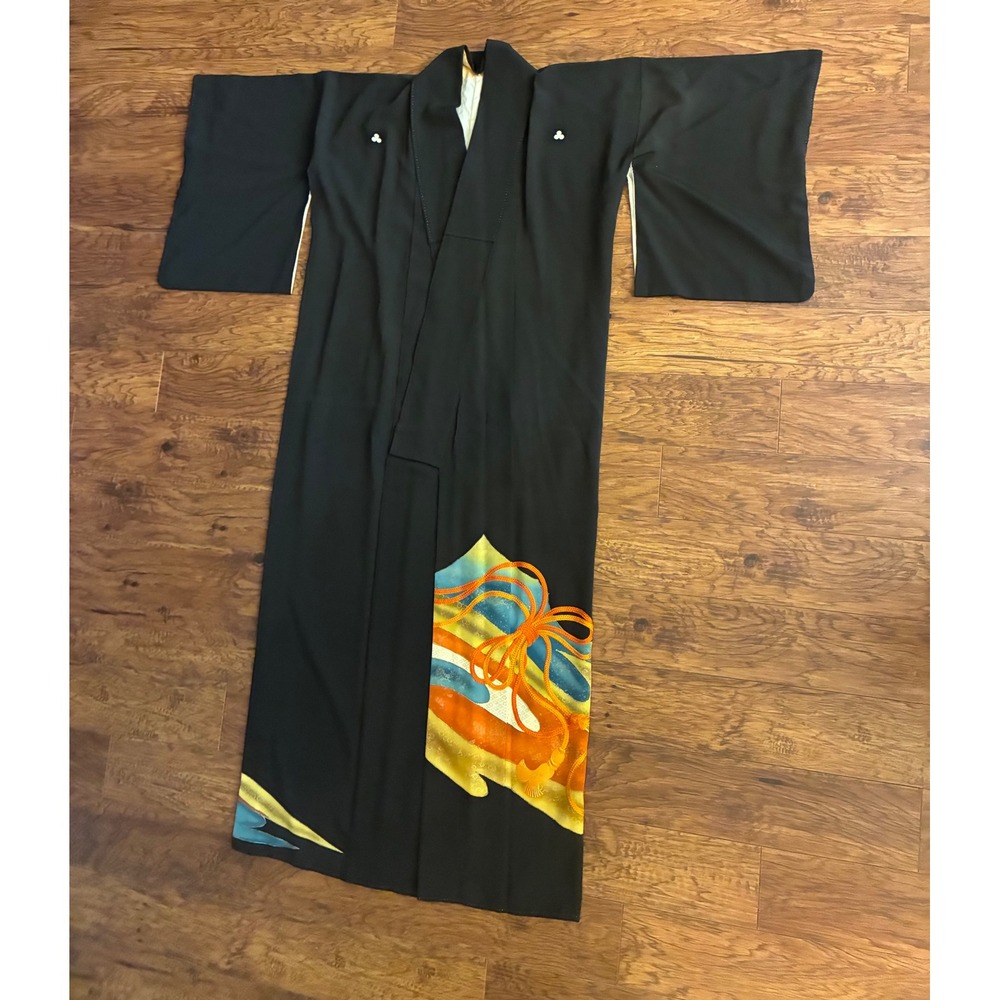 Vintage 1920s-1930s Black Crepe Silk Japanese Kimono Kurotomesode Embroidered